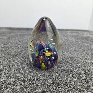Vintage Murano Style Art Glass Egg Paperweight Coral Reef Fish 3.5”